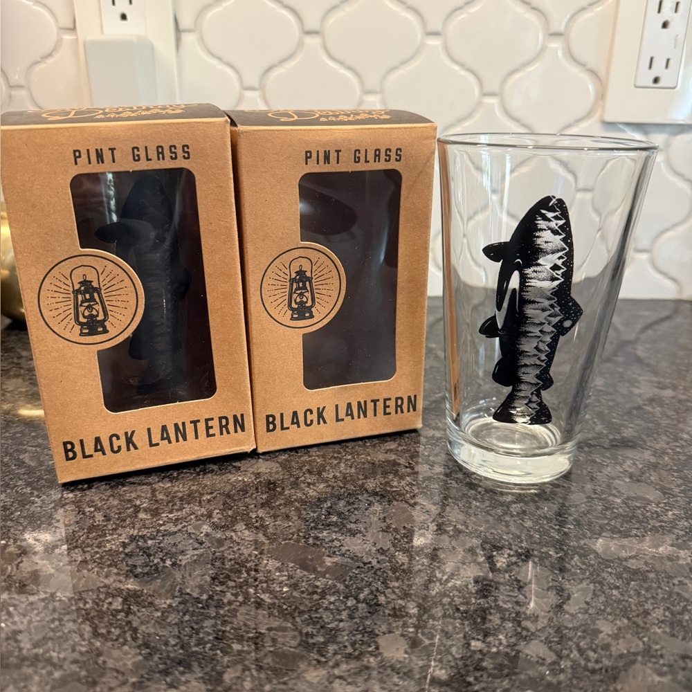 Pair of Black Lantern Pint Glasses with mountain scene in a Black Fish Graphic